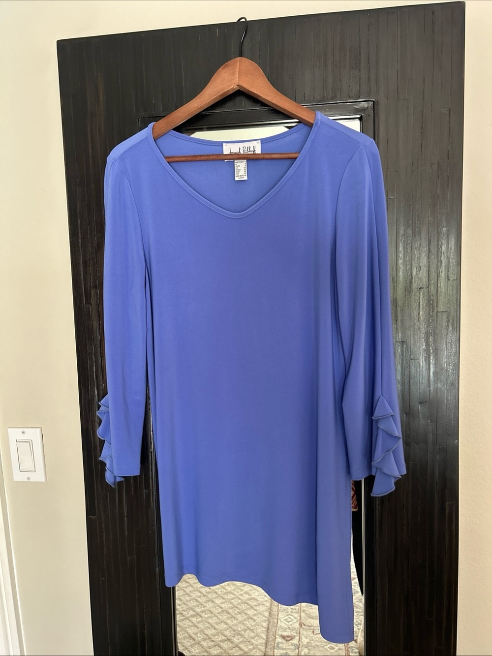 Joseph Ribkoff  Asymmetric Tunic Top Periwinkle Blue 3/4 Ruffle Sleeve Women’s 6